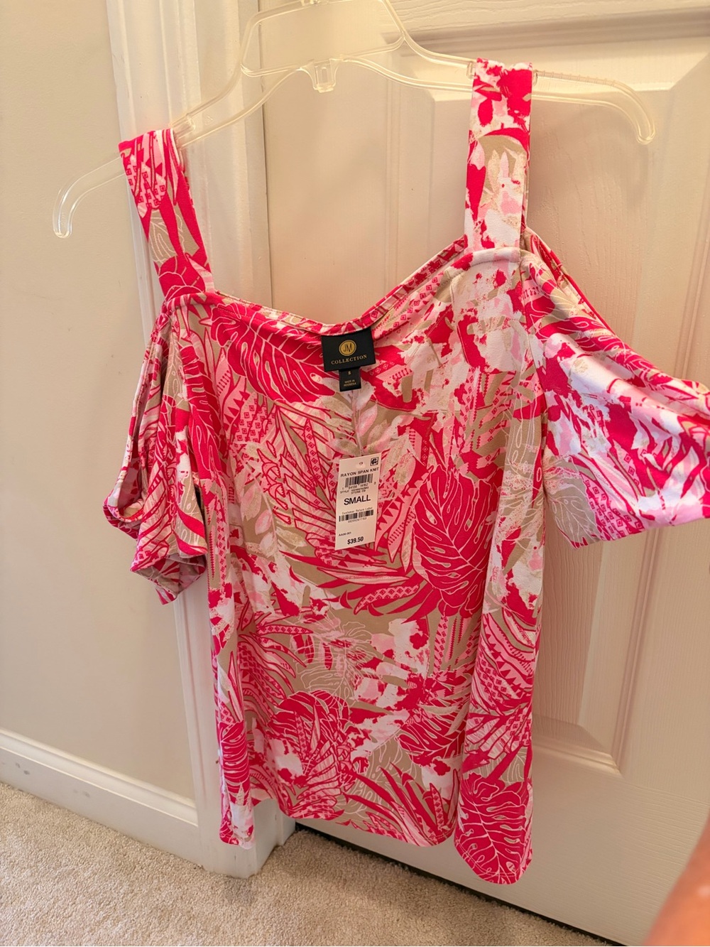 JM Collection Pink and White Cold-Shoulder Floral Tank Top